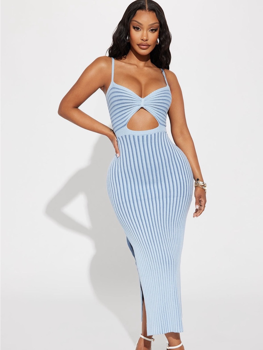 Ribbed Knit Cutout Maxi Dress - Light Blue